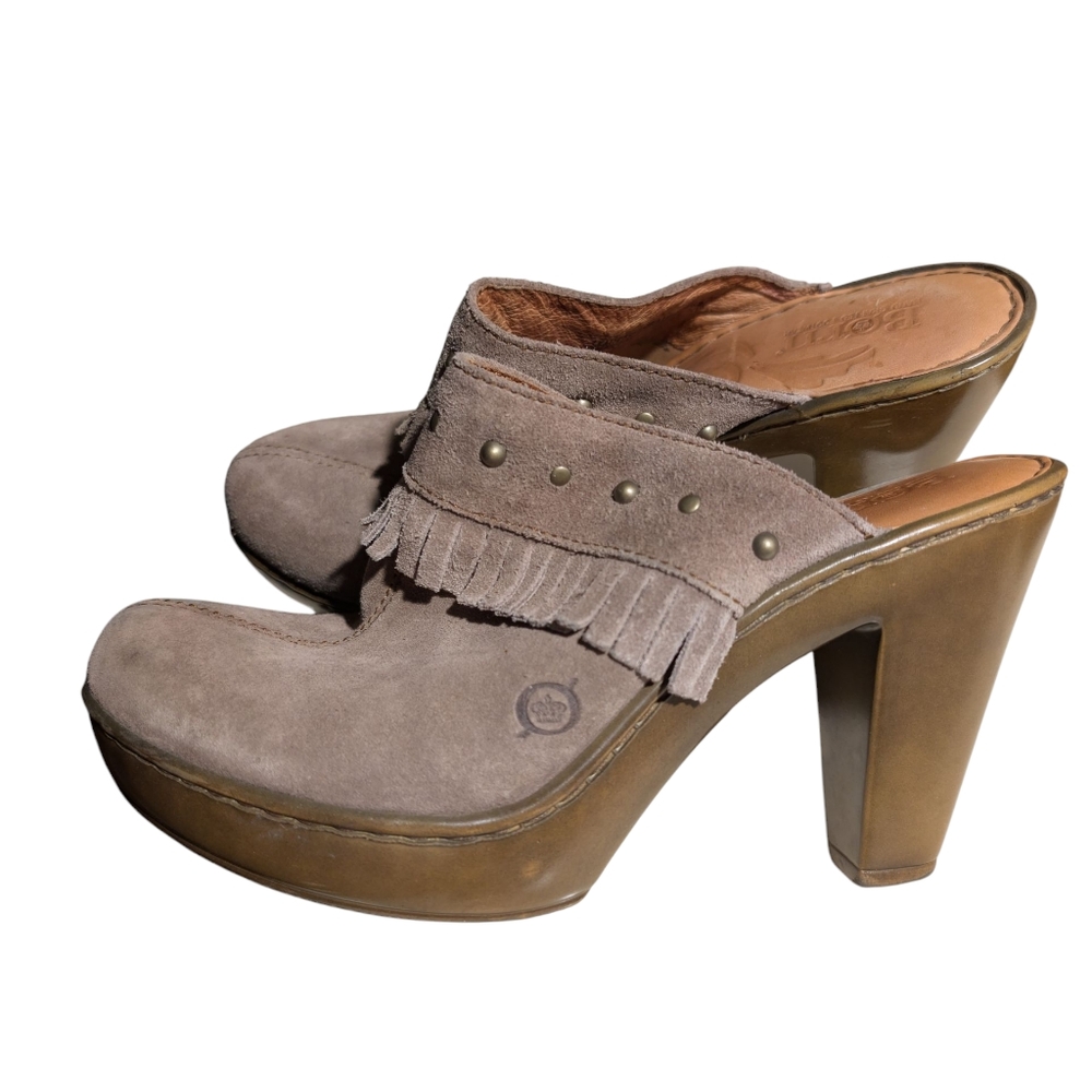 Born Tancy Mule Women's Size 8 US Taupe With Fringe, Studs Suede Leather - Picture 2 of 12
